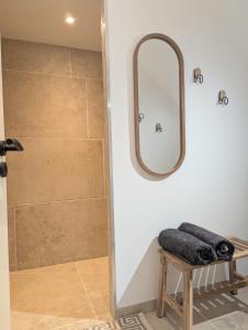 a bathroom with a shower and a mirror at Maison Dahouët en bord de mer- Grand Jardin clos in Pléneuf-Val-André