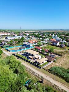 an aerial view of a small town with buildings at Casa Boeriu in Sfântu Gheorghe