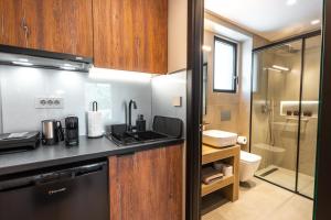 a kitchen with a sink and a toilet in a bathroom at Dioni Suites Syvota in Sivota +34 photos