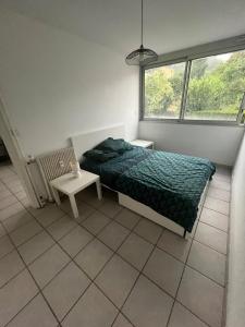 ein Schlafzimmer mit einem Bett und einem Stuhl und einem Fenster in der Unterkunft Escapade nature et bien-être in Royat