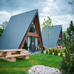a house with a metal roof on top of a yard at Mălinului Resort and Spa in Bughea de Sus