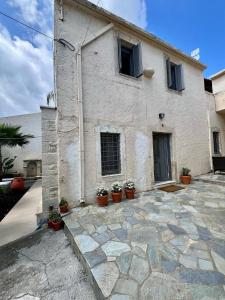a house with potted plants in front of it at Saint George Cottage in Avyenikí
