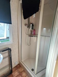 a shower with a glass door in a bathroom at Mark and Teresa's 8 berth caravan on Coral Beach Ingoldmels in Ingoldmells