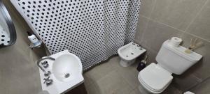Un baño con un inodoro blanco y un lavabo. en Departamento céntrico Pioneros y Campichuelo, en San Carlos de Bariloche
