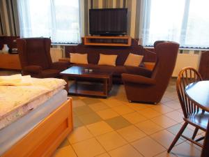 a living room with a couch and chairs and a tv at Apartmány pod Kozákovem in Tatobity