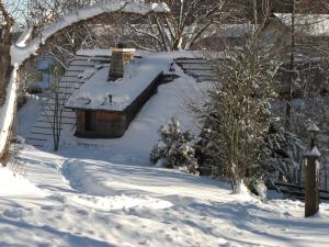 a snow covered roof of a house with a snow covered yard at Historisches Ferienhaus im Schwarzwald in Sankt Georgen im Schwarzwald