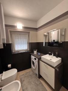 a bathroom with a toilet a sink and a washing machine at Matteo Lago in Sale Marasino