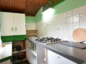 a kitchen with green walls and a stove top oven at Normandy Bakery Retreat in Fourneaux