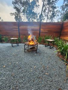 two benches sitting around a fire in a courtyard at Na Serra Chalés in Itapecerica da Serra +45 photos