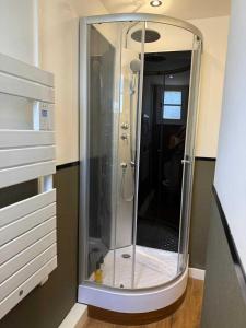una ducha con puerta de cristal en un baño en Ambiance Bohème, Confort Cosy, en Calais