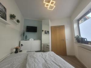 a bedroom with a bed and a television and a door at Gemütliches Zimmer in Hilbringen in Merzig