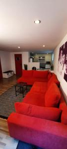 a living room with a red couch and red pillows at Modernes und behagliches Einliegerapartment, 50 qm-deine Ruheoase- in Trippstadt