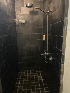 a bathroom with a shower with black tiles at Villa Rea at Tamarin Beach in Tamarin +15 photos