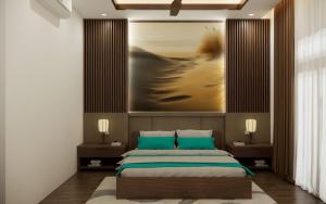 una camera da letto con un letto e un dipinto sul muro di Paradise Mountain View Resort a Vang Vieng