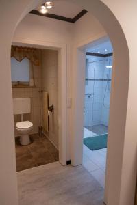 a bathroom with a toilet and a glass shower at Landliebe Altmühltal in Essing