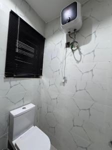 a bathroom with a toilet and a tv on the wall at A Luxurious and Comfortable Studio Apartment in Ikeja