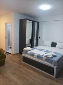 a bedroom with a bed and a mirror at Stefan - apartament studio in Saturn