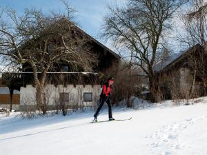 a person on skis in the snow near a building at Ferienhaus in Bayern mit Waldblick in Weigelsberg