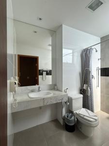 a bathroom with a sink and a toilet and a mirror at Tupyguá Brasil Hotel in Pedro Leopoldo