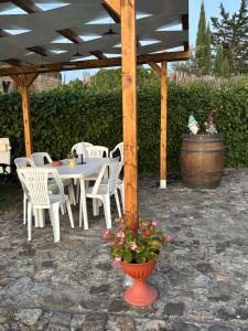 a patio with a table and chairs and a barrel at PAPAVERO ROSSO in San Gimignano +38 photos