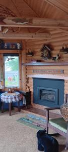 a living room with a fireplace in a log cabin at Blū House in Williamsburg