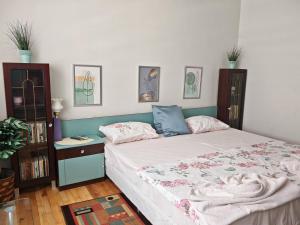 a bedroom with a bed and a book shelf at Guest House Plavas in Sozopol