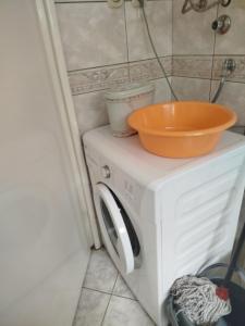 a washing machine with a bowl on top of it at Apartment "Daisy Flower" - Center, Bitola in Bitola
