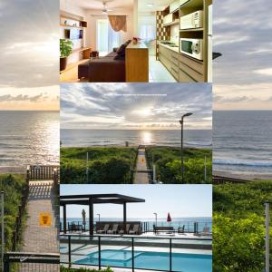 a collage of photos of houses and the ocean at Apto completo com VISTA MAR em CONDOMINIO RESORT FRENTE MAR em Barra Velha 2 quartos AR CONDICIONADO CHURRASQUEIRA privativa Cozinha Completa PISCINA vaga de Garagem - VIL3 in Barra Velha