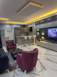 サパンジャにあるSapanca Villa View Suiteのリビングルーム(紫色の椅子、薄型テレビ付)