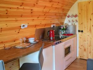 a kitchen with a stove and a counter top at Barley Hill Pod in Broadway +10 photos