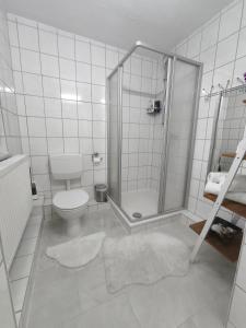 a white bathroom with a shower and a toilet at FeWo Goslar Harz in Goslar +41 photos