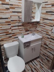 a bathroom with a toilet and a sink and a mirror at Recanto da vila in Garopaba +1 photo