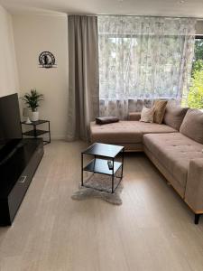 a living room with a couch and a table at Ferienwohnung LeJaju in Friedrichsthal