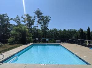 Una gran piscina azul con árboles al fondo. en The Weirs Retreat - Lake Getaway with Pool Access, en Laconia