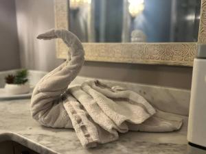 ein Handtuch auf einer Badezimmertheke vor einem Spiegel in der Unterkunft Bright and Cozy Studio w Hot Tub Walk to Lake in Wolfeboro + 27 Fotos