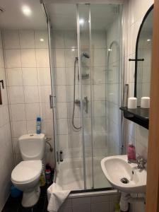 Un baño con ducha, inodoro y lavabo. en Apartament MONA przy morzu, na parterze,ul Żeromskiego,przy centrum, en Krynica Morska