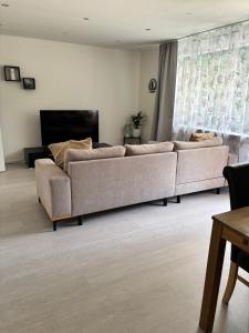 a living room with a couch and a television at Ferienwohnung LeJaju in Friedrichsthal