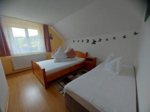 ein kleines Zimmer mit zwei Betten und einem Fenster in der Unterkunft Casa Ioana in Poiana Mărului