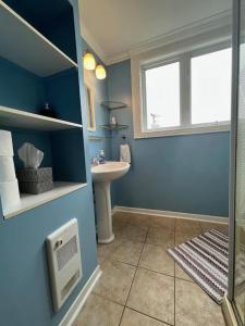 een blauwe badkamer met een wastafel en een douche bij Markland Cottage Winery in Whitbourne