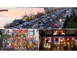 un collage de deux photos d'une marina avec des voitures garées dans l'établissement Hotel Tetora Honhachinohe - Vacation STAY 85514v, à Hachinohe