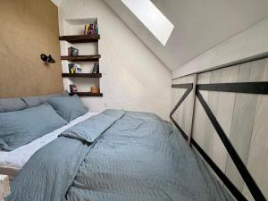 a bedroom with a bed and a book shelf at Galeriewohnung Alte Post in Pronsfeld