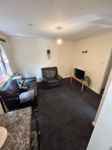 a living room with a couch and a chair and a television at Tranquil 1BR in Edmonton in Edmonton