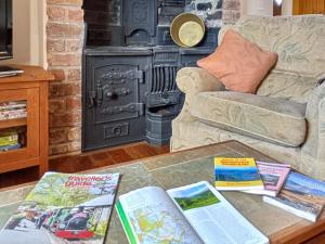 a living room with a table with books on it at Elidir Cottage in Llanwnda