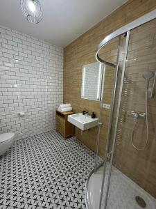 un baño con ducha y lavabo en Vila Fráňa apartmán 5, en České Budějovice