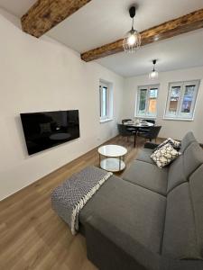 Una sala de estar con un sofá gris y una mesa. en Vila Fráňa apartmán 5, en České Budějovice