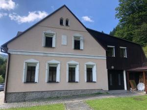 a house with a black roof and white windows at Sluneční dům in Albrechtice v Jizerských horách