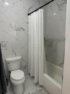 a bathroom with a toilet and a shower curtain at Modern 2BR Retreat in Harbor in Harbor Springs +7 photos
