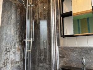 a glass shower in a bathroom with a sink at Gruppenhaus in Buntenbock in Buntenbock