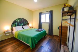 ein Schlafzimmer mit einem grünen Bett und einem Fenster in der Unterkunft CasAmigos Cruz de Piedra in Maipú + 31 Fotos