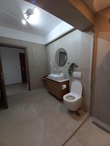 a bathroom with a toilet and a sink and a mirror at Lelashomeouranoupoli in Ouranoupoli +7 photos